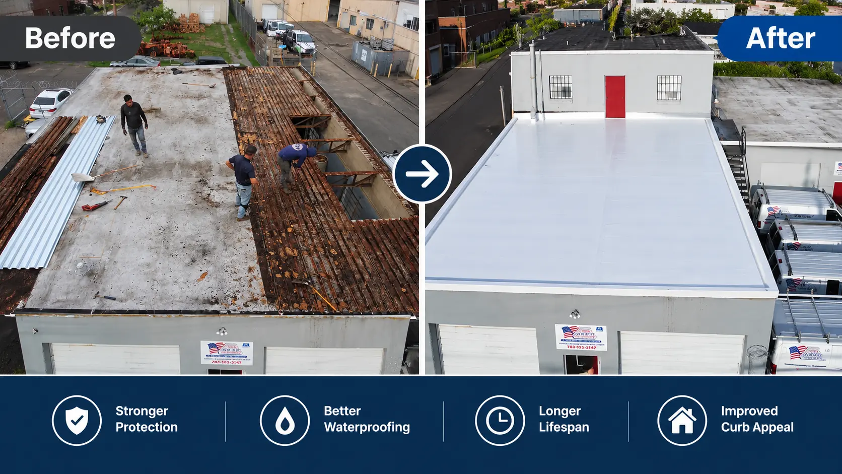 Commercial roof replacement before and after North Texas