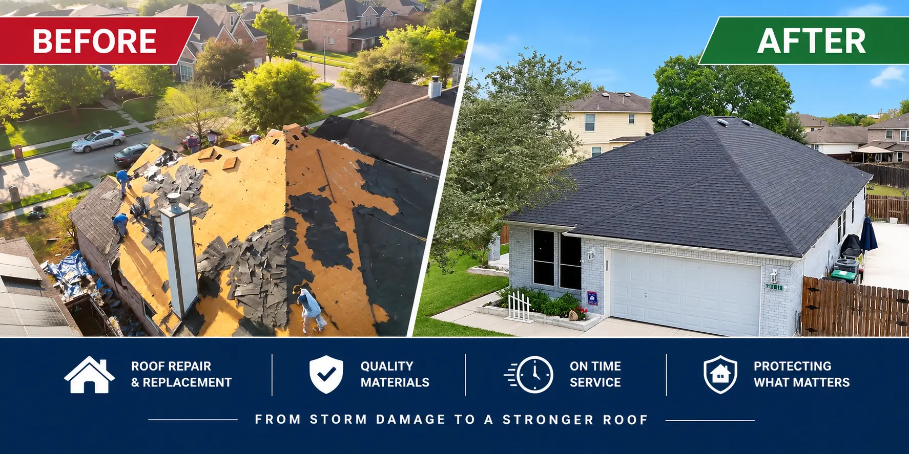 Residential roof replacement before and after DFW