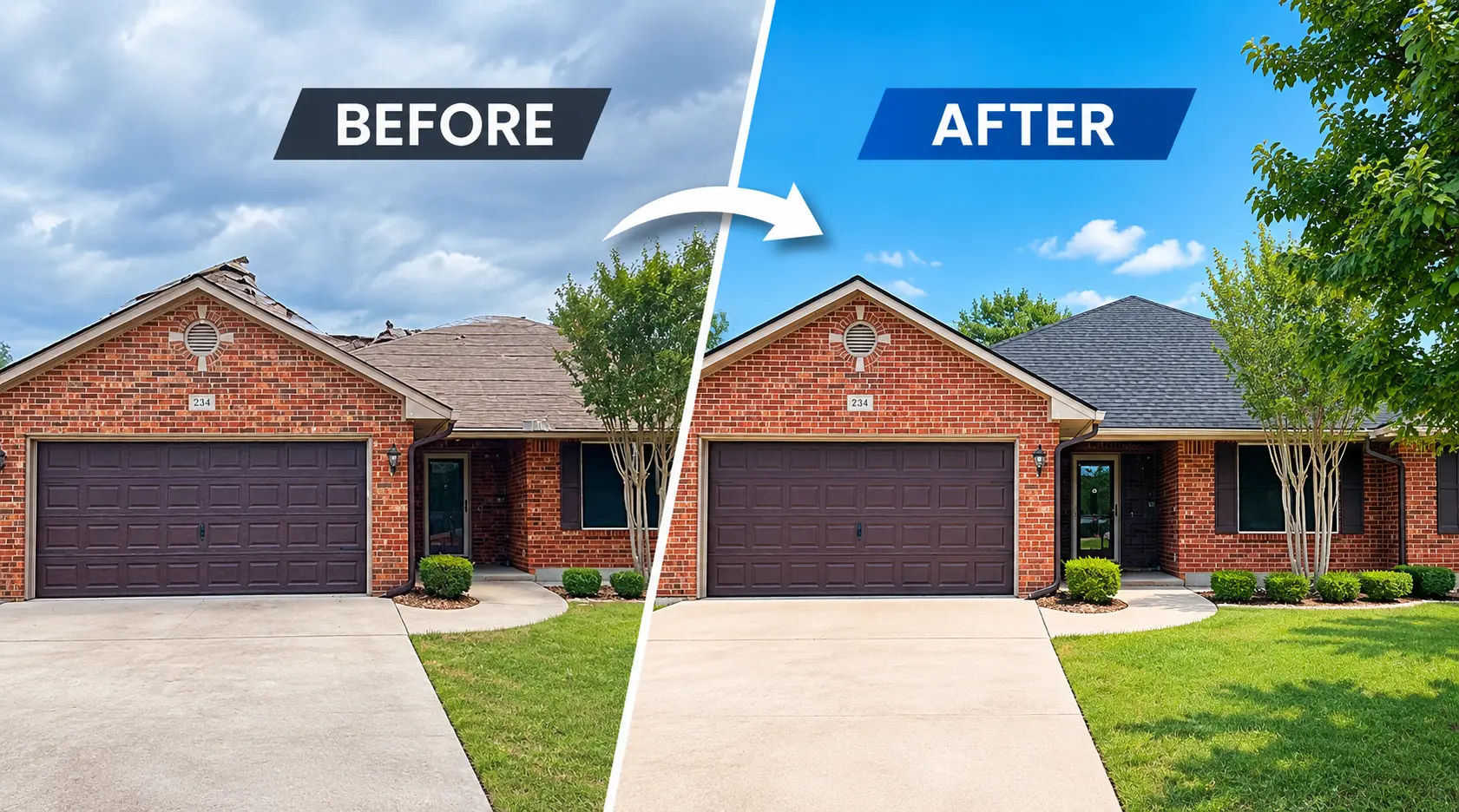 Black shingle roof replacement before and after on brick home